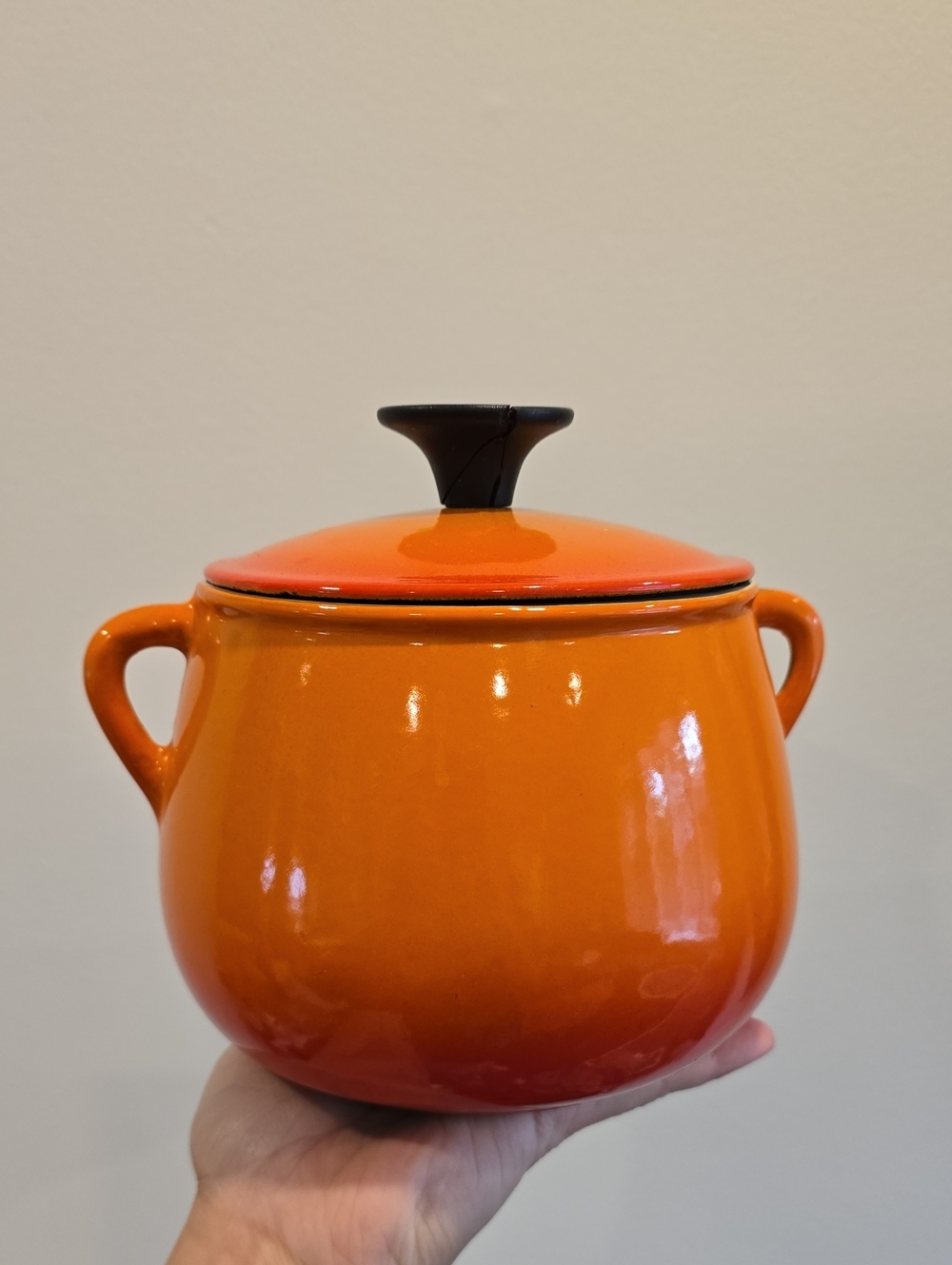 Vintage Orange Cousances enameled cast iron Bean Pot